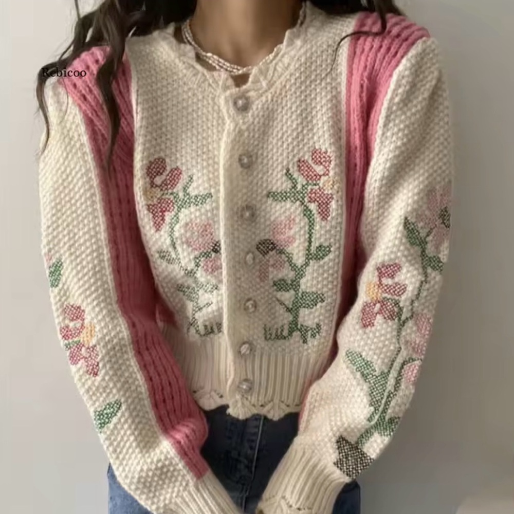 Sweater cardigan crochet knit floral cream pink womens top